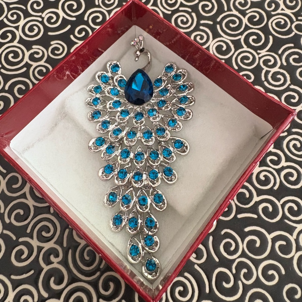 Elegant Blue and Silver Peacock Brooch